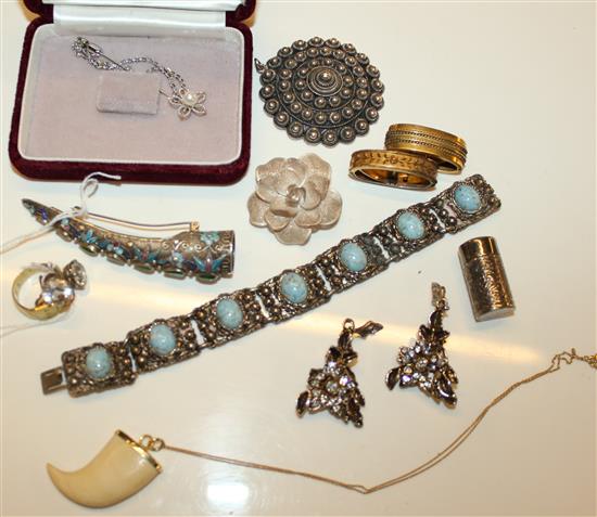 Chinese silver hardstone-set nail protector brooch, sundry jewellery, scarf pins, simulated tigers claw pendant etc